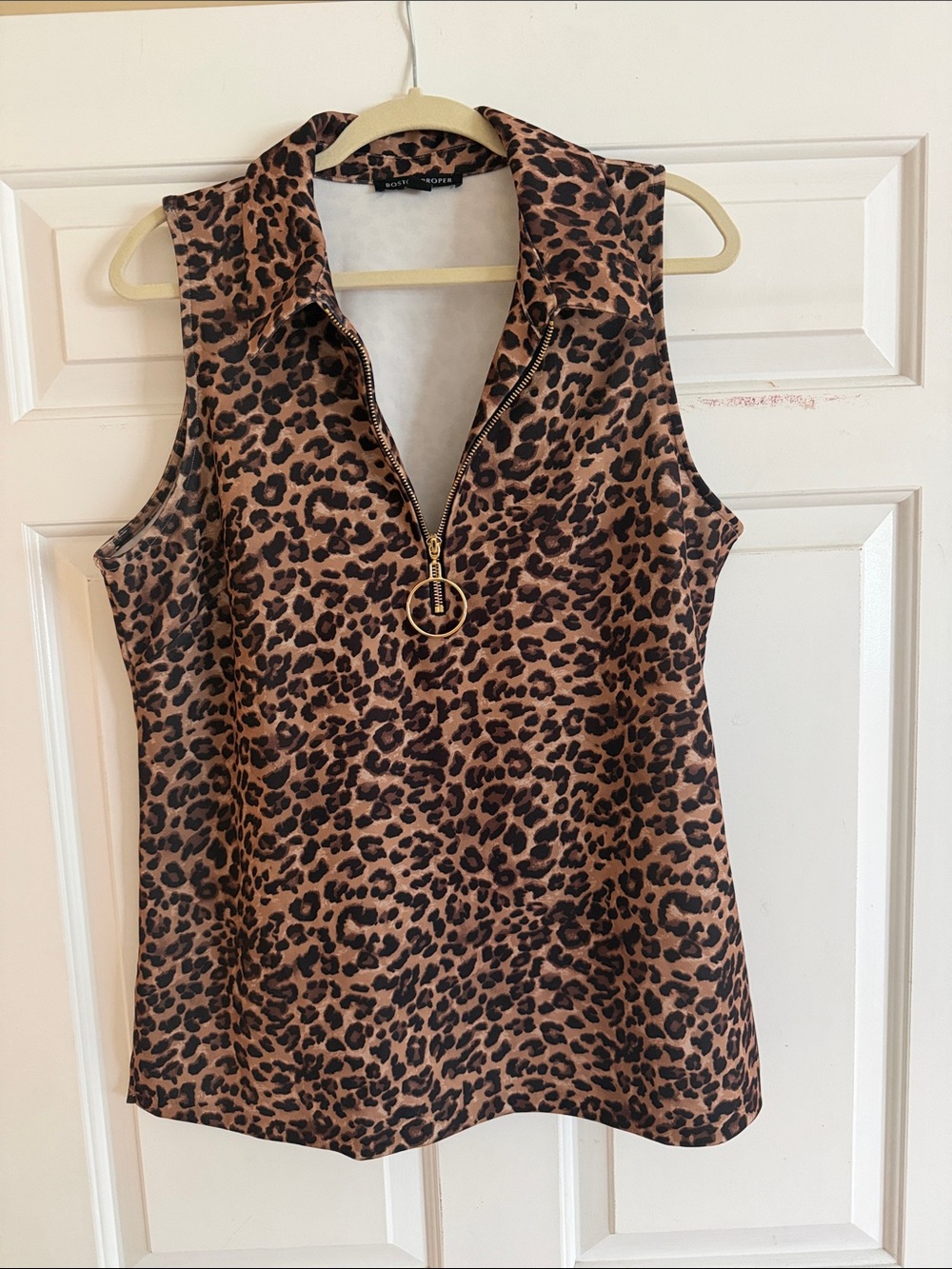 Boston Proper Leopard Print Zip Polo Tank Top XL